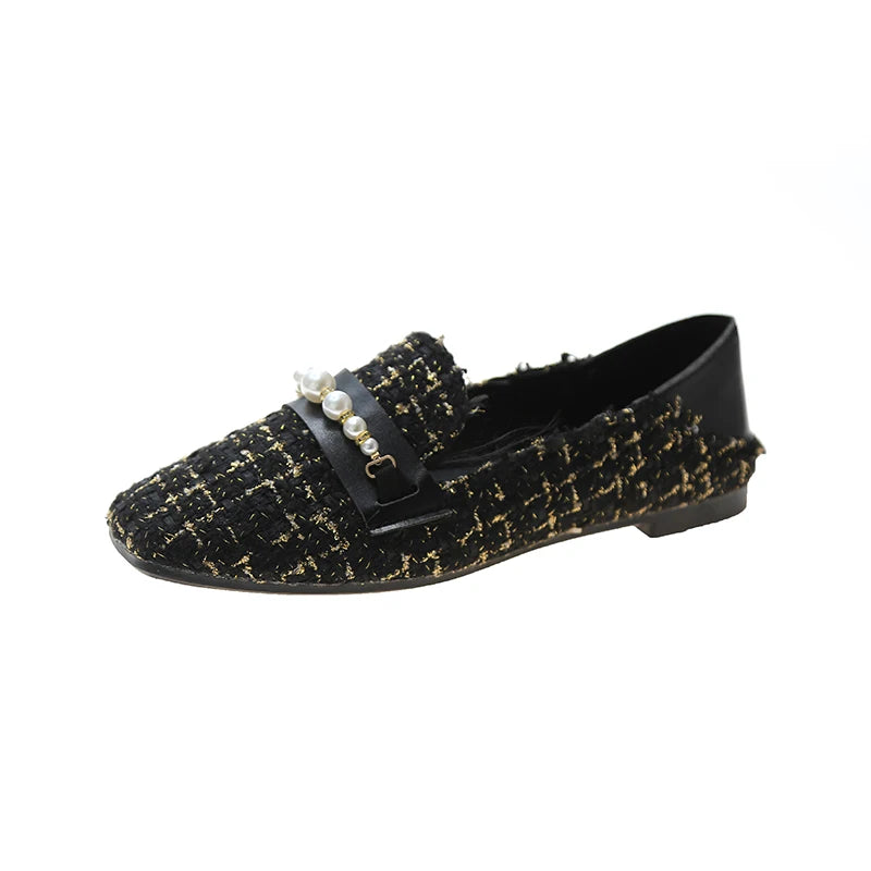 Women's Vintage Tweed Loafers | Pearl Chain Square Toe Flats Women's Flat Loafers Axl 36 black