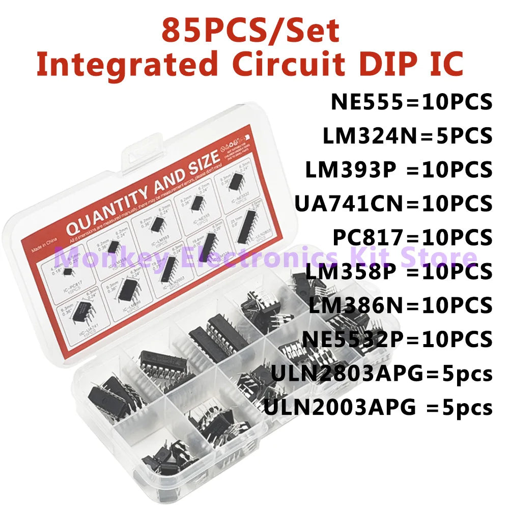 85-Piece IC Chip Kit – NE555 LM324 LM358 DIP Assortment DIY IC Component Kit Axl