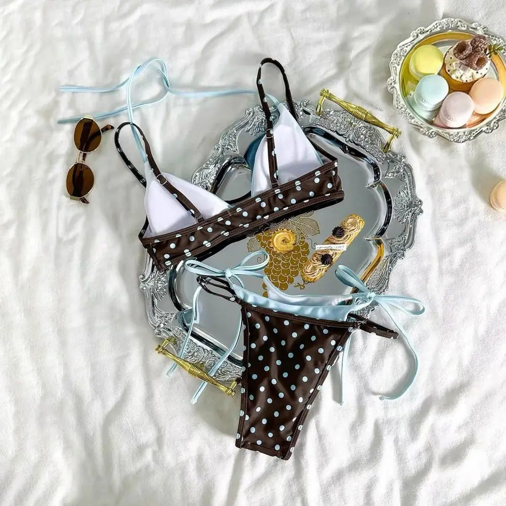 Polka Dot Halter Bikini Set – Push Up Deep V Lace-Up Swimwear Halter Bikini Set Axl
