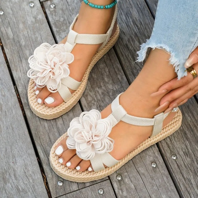 Women's Floral Roman Sandals – Flat Ankle Strap Beach Shoes Women's Flat Sandals Axl 36 Beige