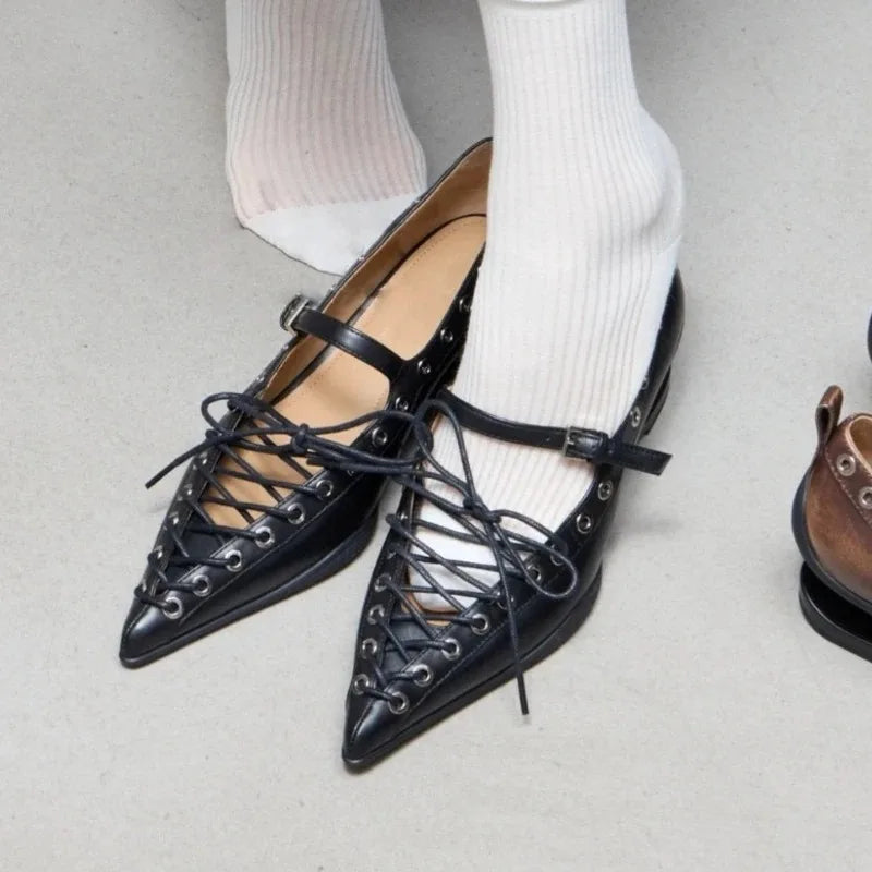 Women's Retro Pointed Toe Lace-Up Pumps | Rivet Buckle Heels Women's Pumps Axl