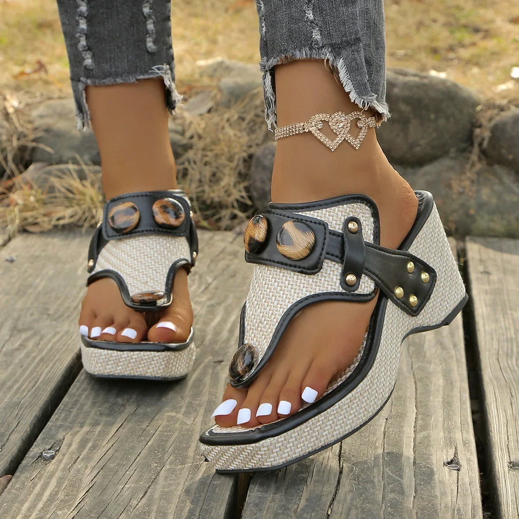 Women's Open Toe Wedge Platform Sandals – Woven Beach Style Wedge Platform Sandals Axl Black 35