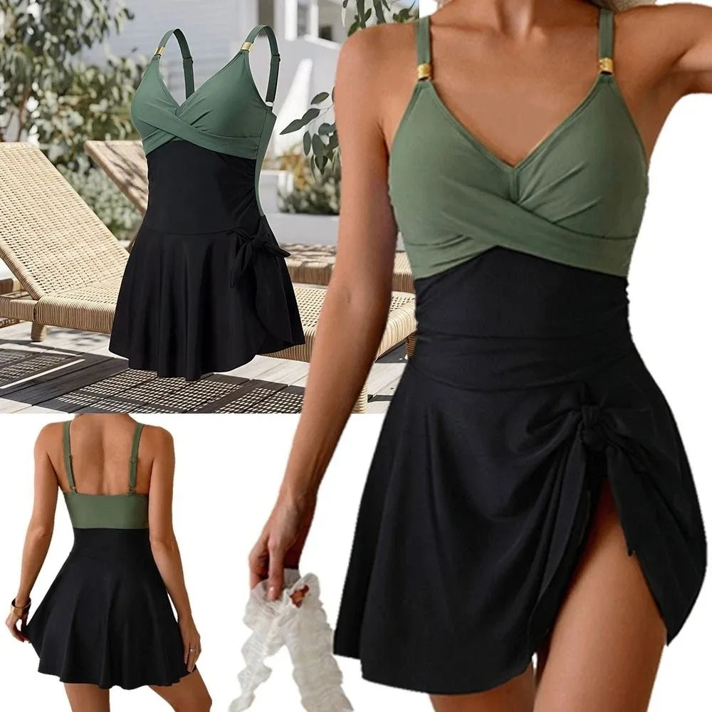 Women's V-Neck Pleated Skirt Swimsuit – Slim Fit Beachwear Women's Swimsuit Axl