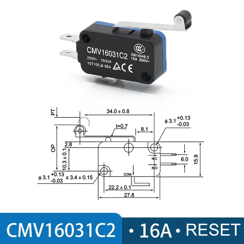 CNTD CMV Series Micro Limit Travel Switch 10A 16A NO NC Self-Reset Micro Limit Switch Axl CMV-16031C2