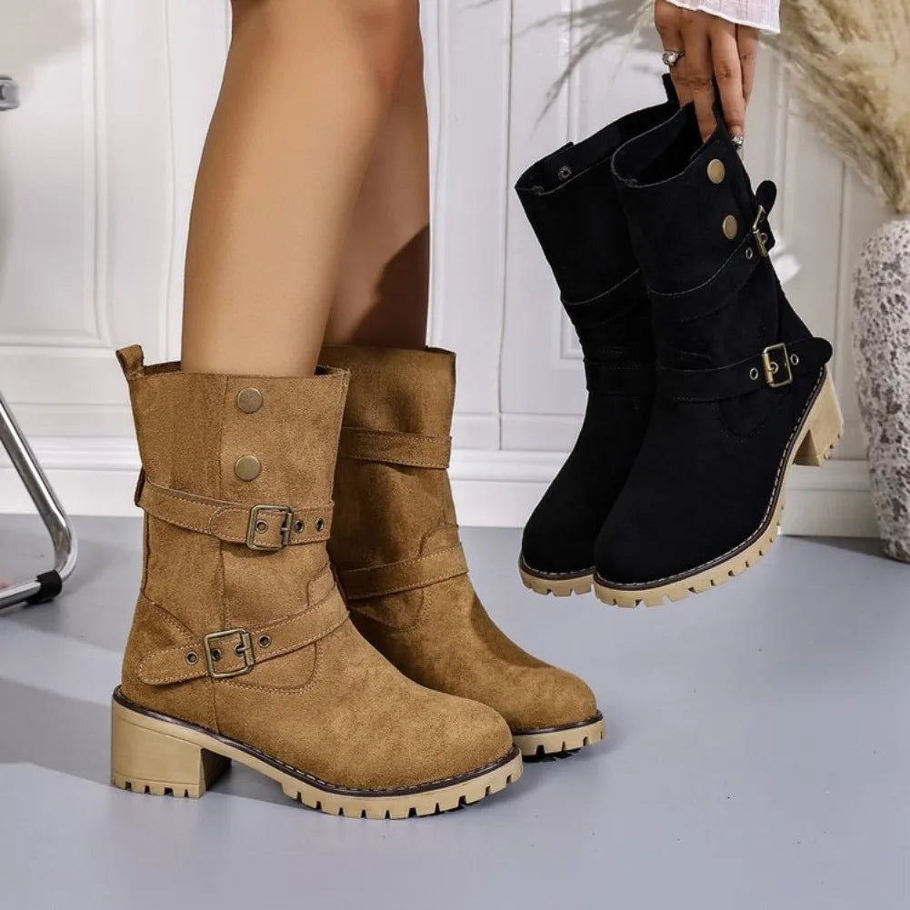 VKJF Women's Vintage Western Mid-Calf Boots | Buckle Slip-On Women's Western Boots Axl