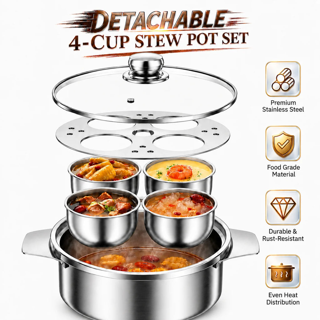 Stainless Steel Water Bath Stew Pot – 4 Inner Cups & Glass Lid Water Bath Stew Pot Axl