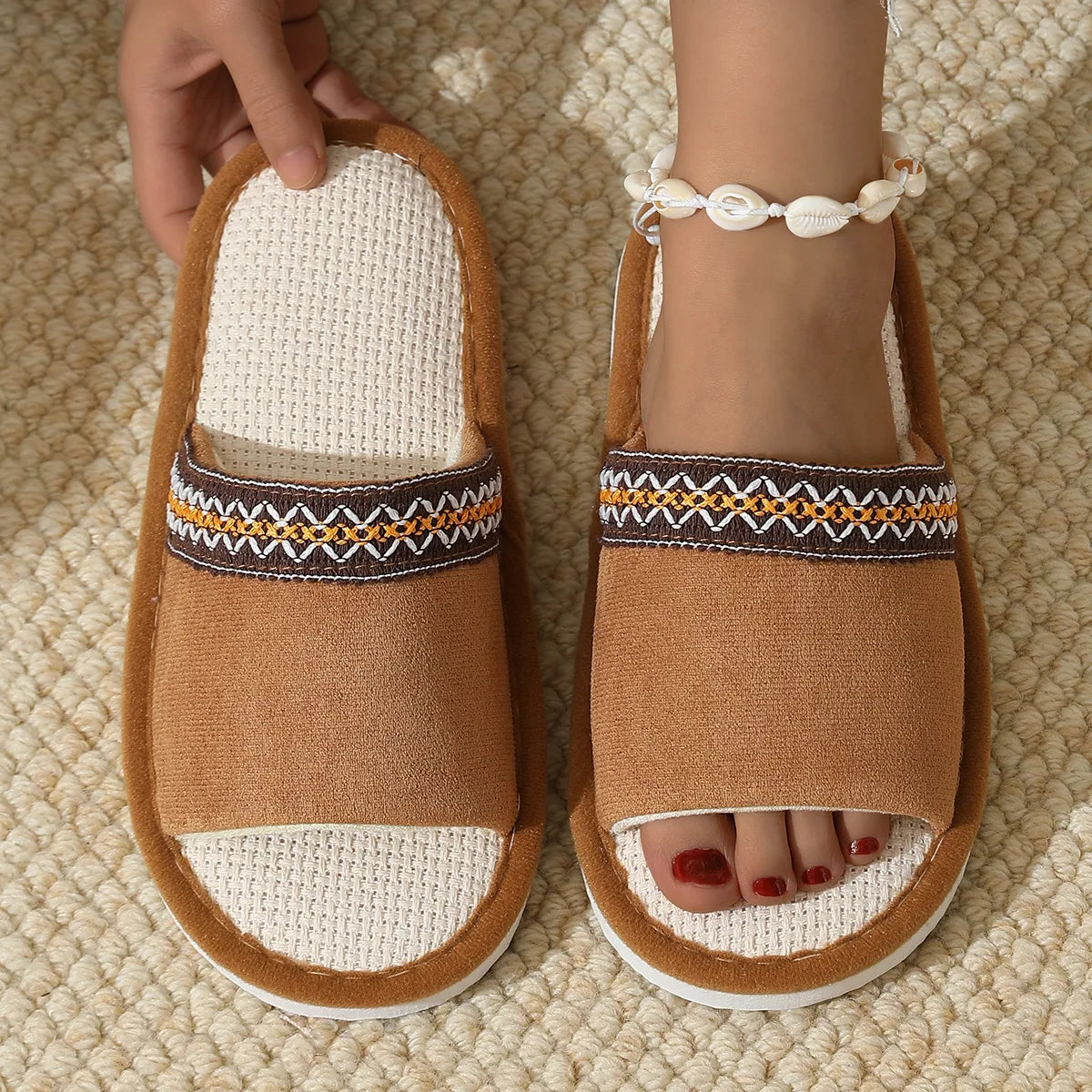 Women's Hemp Canvas Platform Slippers – Indoor Flat Slides Women's Indoor Slippers Axl brown 42-43