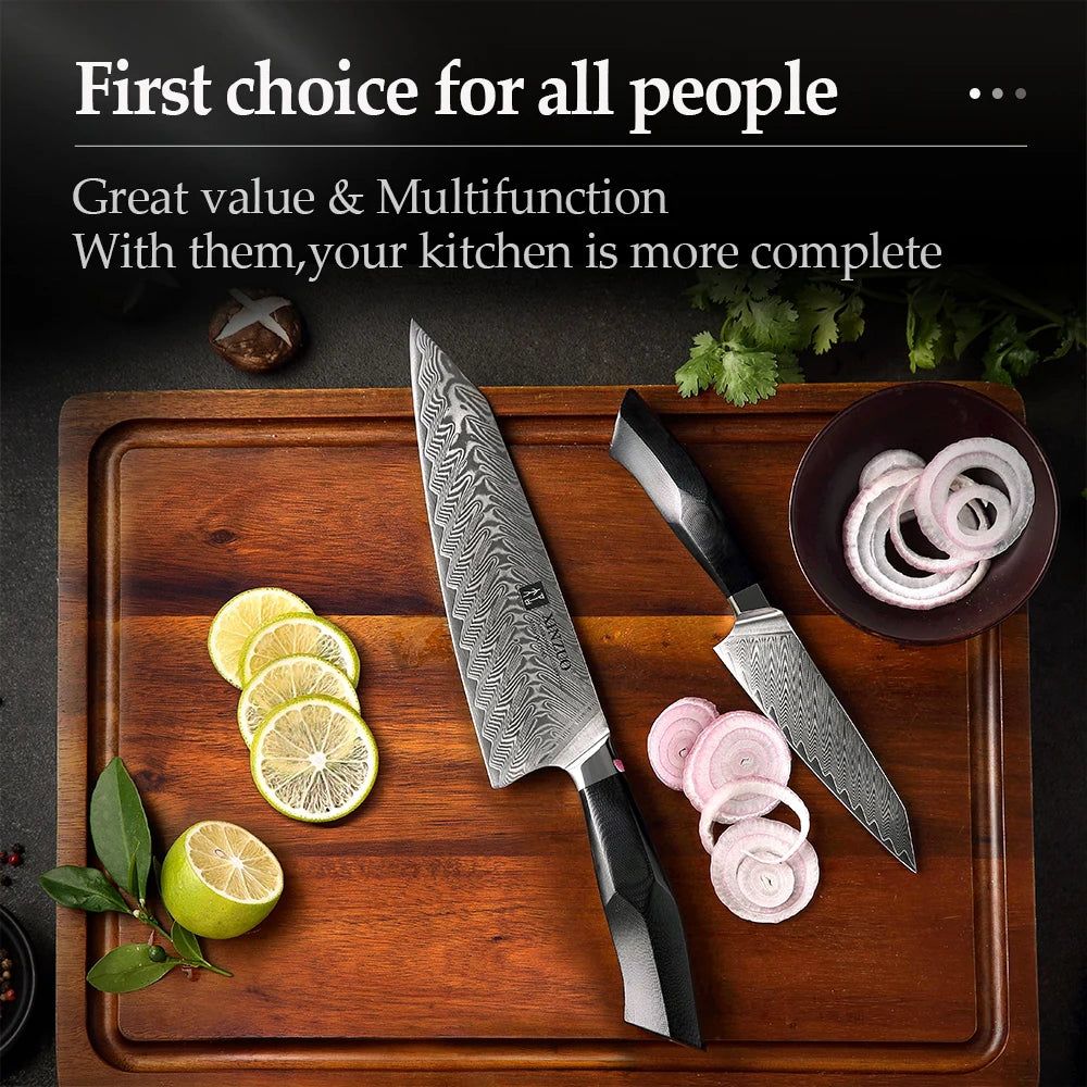 XINZUO 2-Pc Damascus Steel Knife Set – Chef & Utility, G10 Handle Kitchen Knife Set Axl