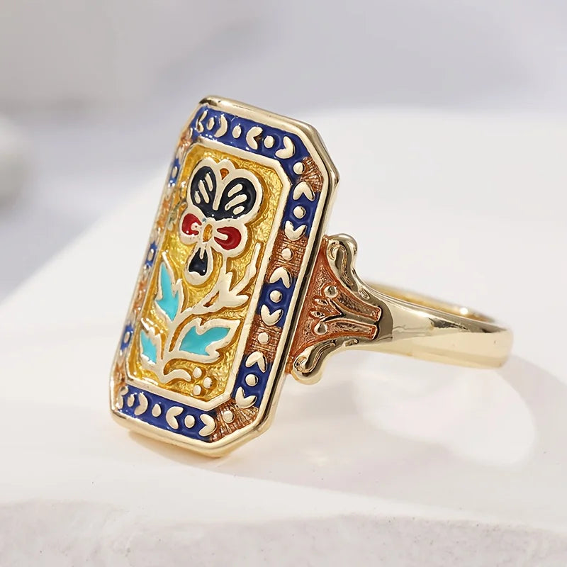 Huitan Gold Vintage Butterfly Floral Enamel Ring for Women Enamel Fashion Ring Axl