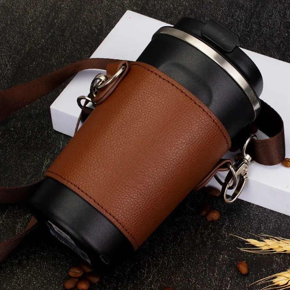PU Leather Cup Holder Bag with Adjustable Shoulder Strap Leather Cup Carrier Bag Axl