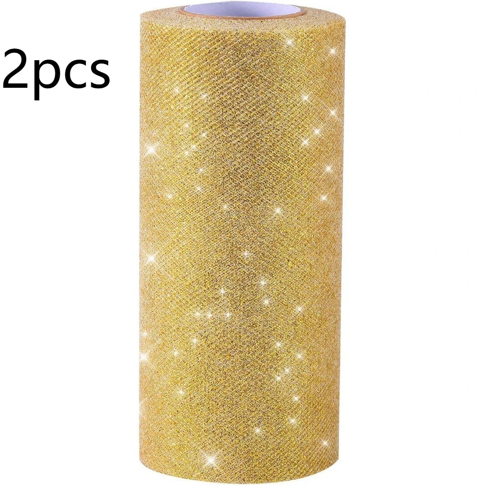 Gold Glitter Tulle Roll – 6" x 25 Yds Shimmer Mesh Ribbon Craft Fabric Ribbon Axl Golden-2pcs 15cmX22.8M