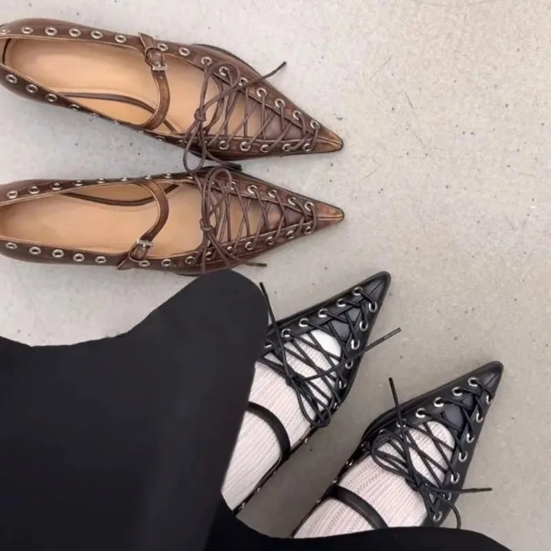 Women's Retro Pointed Toe Lace-Up Pumps | Rivet Buckle Heels Women's Pumps Axl
