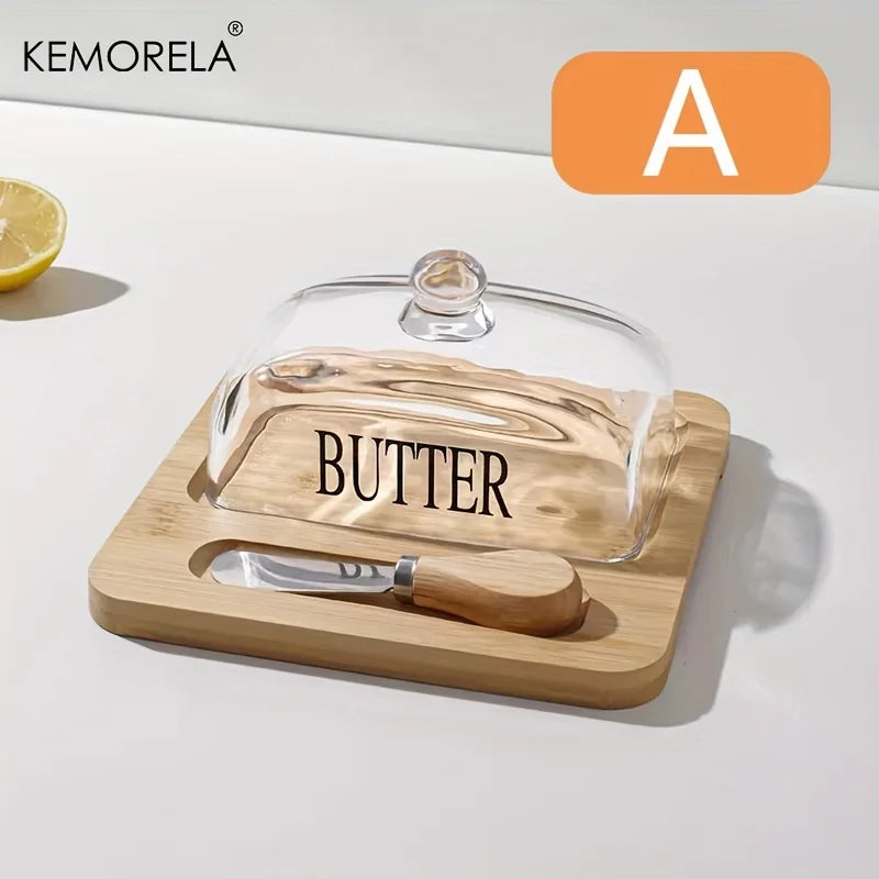 KEMORELA Wood Butter Dish with Glass Lid & Knife | Cheese Plate Butter Dish Set Axl A