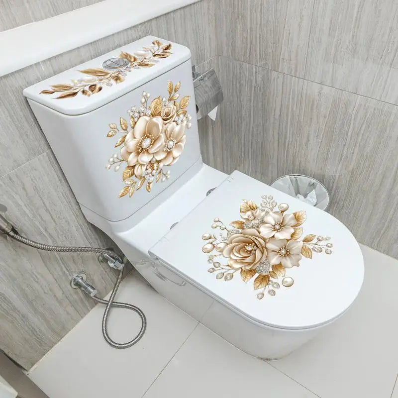 Gold Pearl Floral Toilet Sticker – Waterproof Bathroom Decal Bathroom Wall Sticker Axl