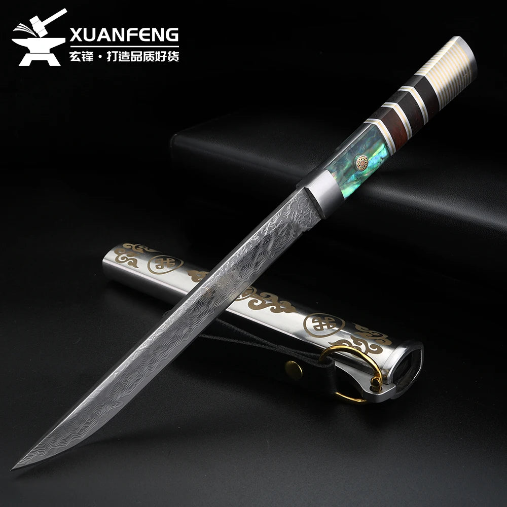 XUAN FENG Damascus Steel Fruit Knife with Wood Handle & Sheath Damascus Kitchen Knife Axl