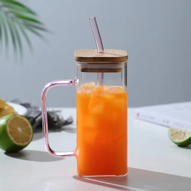 400ml Square Glass Mug with Lid & Straw | Microwave Safe Glass Mug Axl Pink Handle 400ml