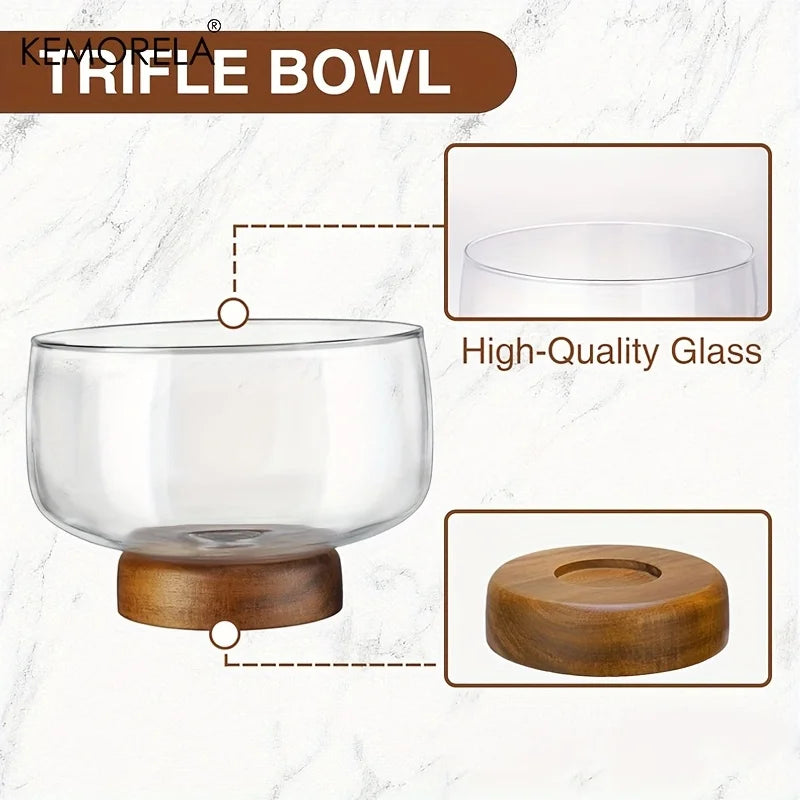 KEMORELA Large Glass Cake Bowl & Wooden Stand | Serving Tray Glass Cake Stand Axl