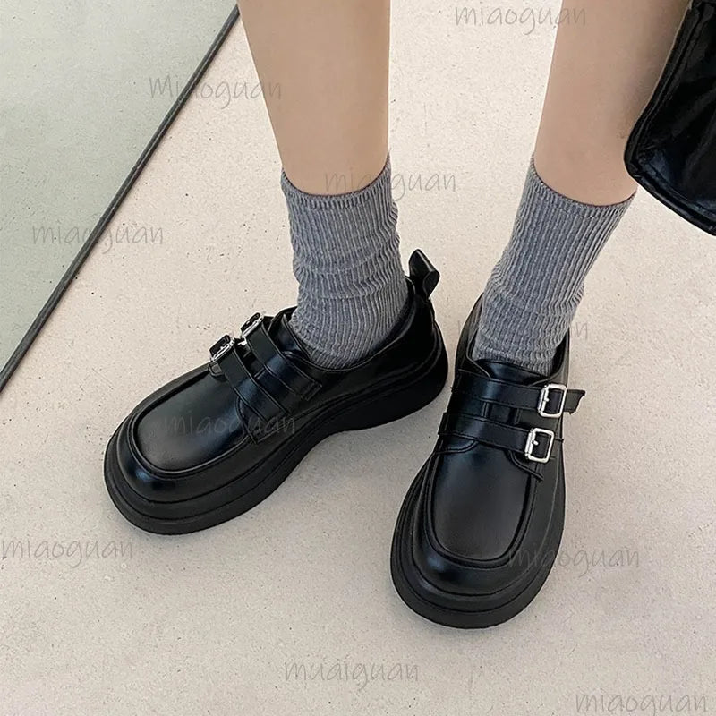 Women's Platform Loafers – Round Toe Mary Jane Buckle Flats Women's Loafer Flats Axl