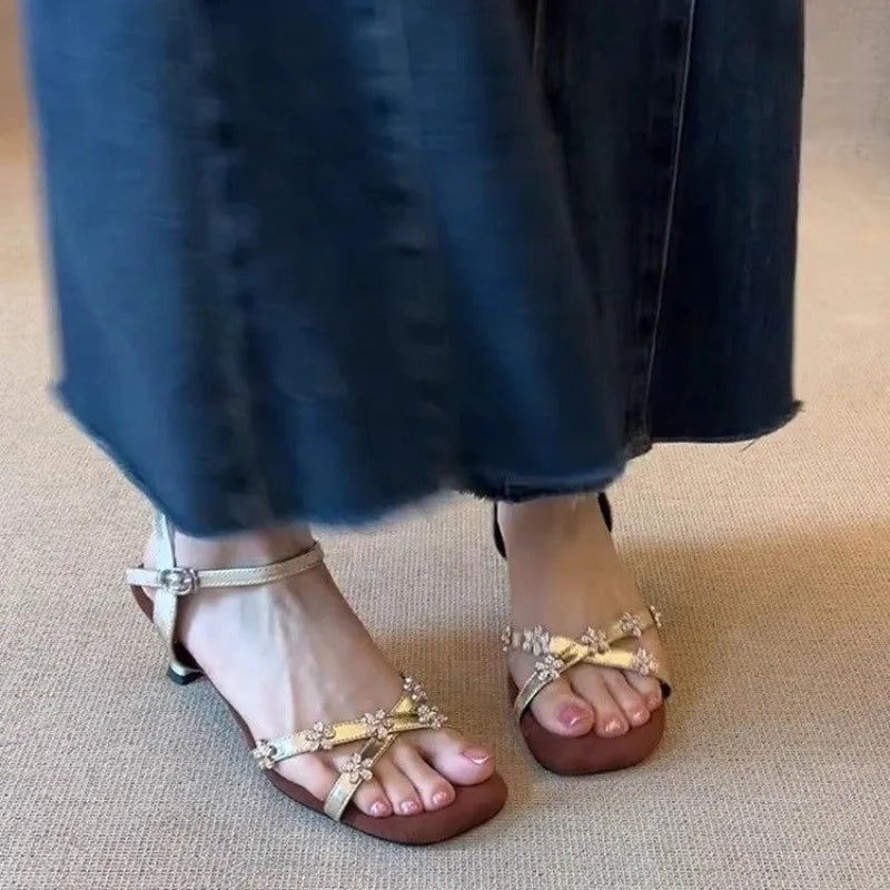 Women's Flower Buckle Peep Toe Low Heel Sandals | Party Shoes Low Heel Sandals Axl