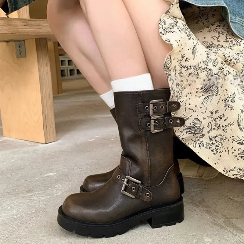 Women's Retro Western Cowboy Mid-Calf Motorcycle Boots Women's Mid-Calf Boots Axl