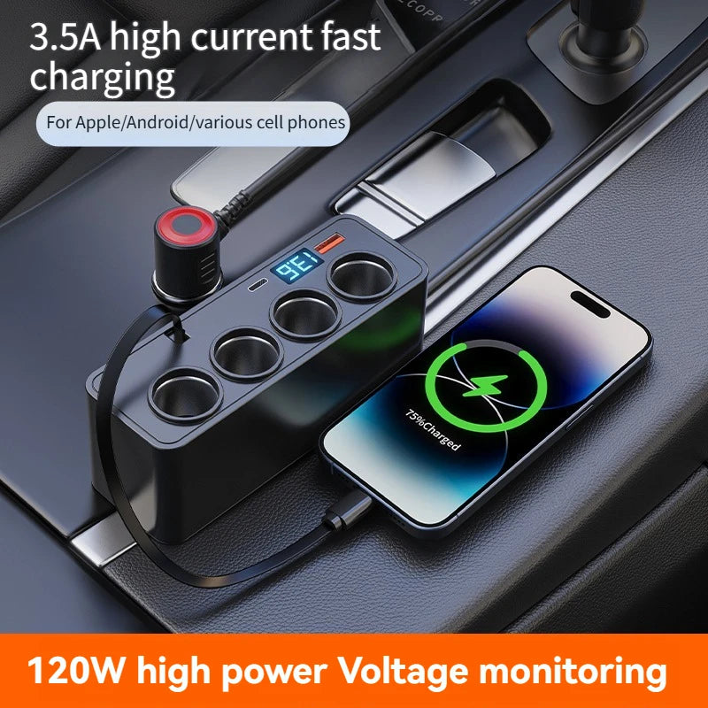 120W Car Charger – 4 Sockets & 3 USB Fast Charging Adapter Car Charger Adapter Axl