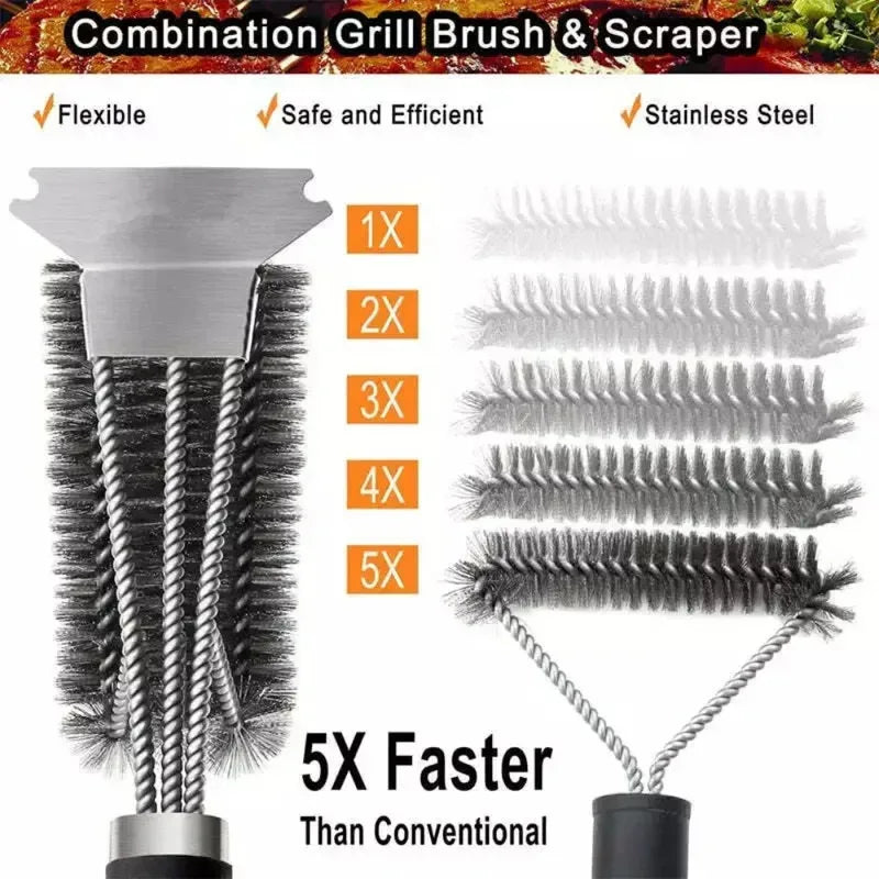 Wire Bristle BBQ Grill Brush & Scraper | Triple Scrubber BBQ Grill Brush Axl