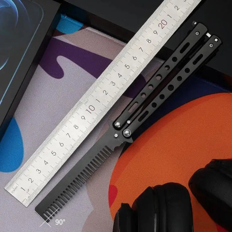 Butterfly Knife Comb – Foldable Stainless Steel Beard Styling Tool Novelty Grooming Comb Axl Black
