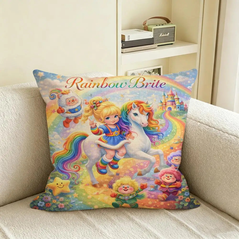 Rainbow Brite Linen Cushion Cover | Cartoon Pillow Case Decor Linen Cushion Cover Axl White8 40X40cm