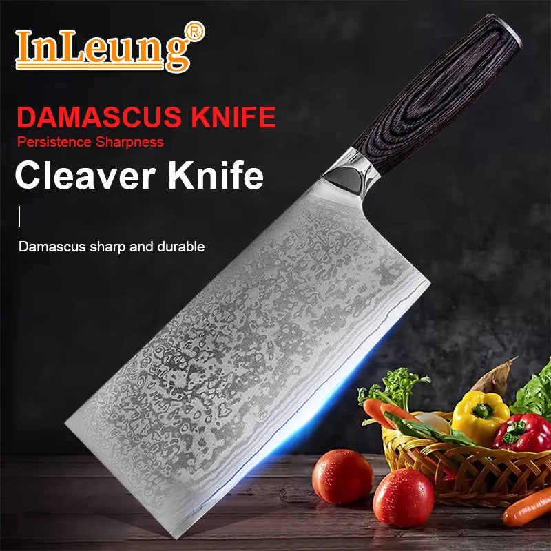 InLeung 8-Inch Damascus Steel Cleaver Knife | Wood Handle Damascus Cleaver Knife Axl