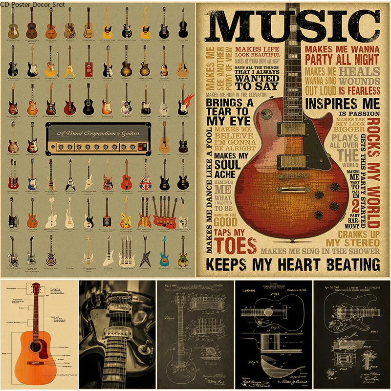 Vintage Guitar Kraft Paper Poster – Retro Music Wall Art Print Wall Art Poster Axl