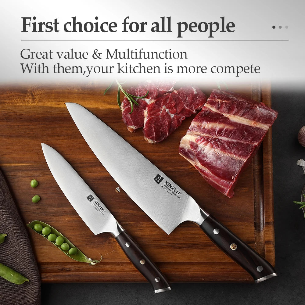 XINZUO 2-Pc Chef & Utility Knife Set – German Steel Ebony Handle Kitchen Knife Set Axl