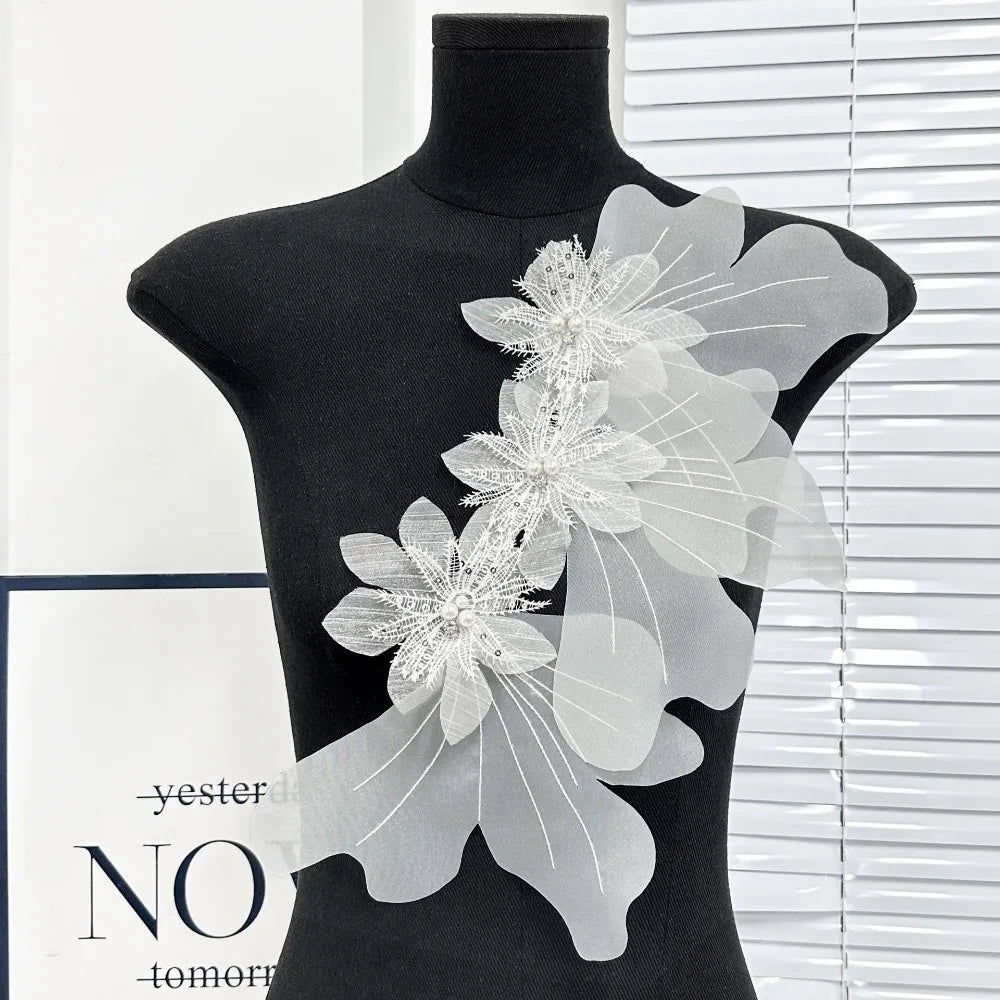3D Organza Flower Patch – Handmade DIY Corsage Embellishment Floral Corsage Patch Axl White