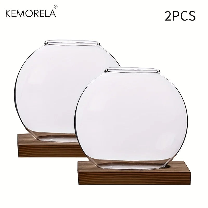Hydroponic Glass Planter with Wood Stand | Desk Decor Vase Glass Hydroponic Planter Axl 2PCS