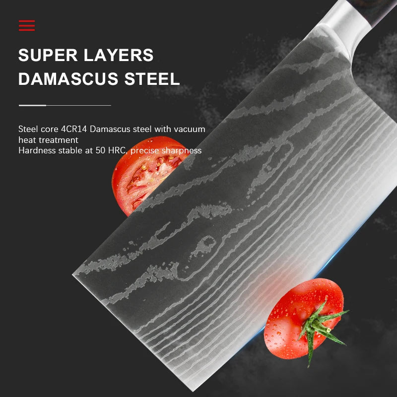 Chinese Cleaver Damascus Knife – Sharp Stainless Steel, Wood Handle Kitchen Cleaver Knife Axl