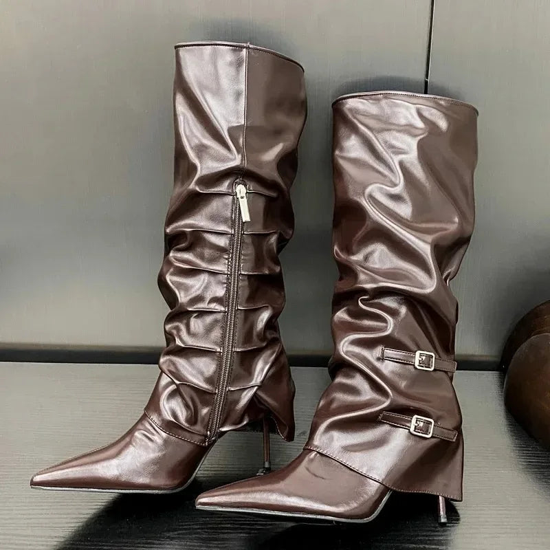 Women's Knee-High Stiletto Boots – Pointed Toe Zipper Buckle Knee-High Boots Axl