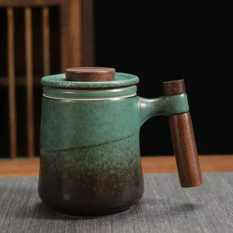 Black Ceramic Tea Mug – Wooden Handle, Filter & Gift Box Ceramic Tea Mug Axl 301-400ml Green