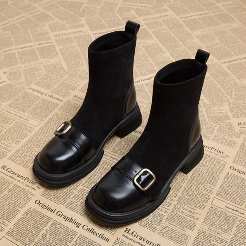 Women's Square Toe Knit Sock Ankle Boots – Medium Heel Women's Ankle Boots Axl