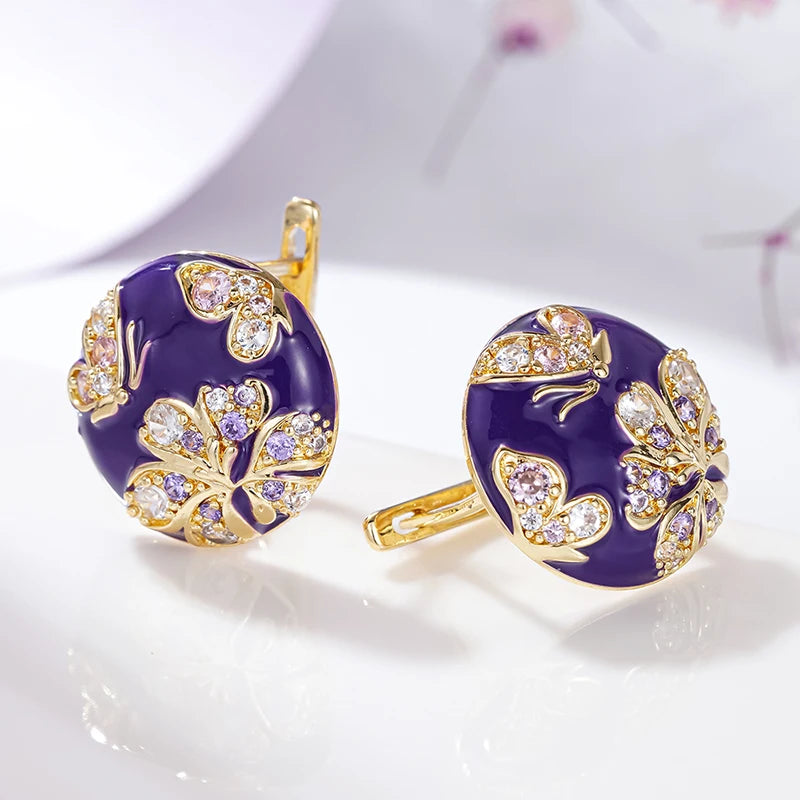 Huitan Purple Flower Enamel Gold Hoop Earrings for Women Hoop Earrings Axl