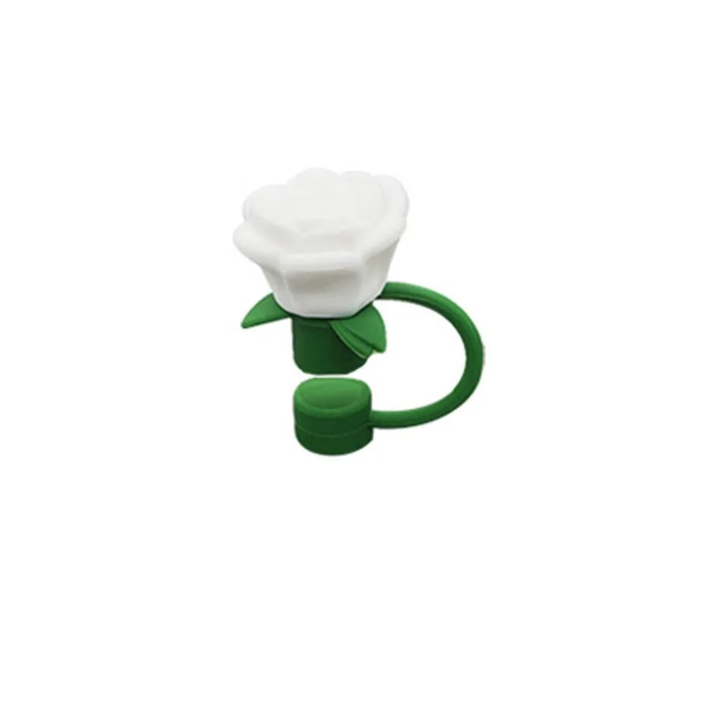 Rose Flower Silicone Straw Cover Cap – 10mm BPA-Free Topper Straw Cover Cap Axl White