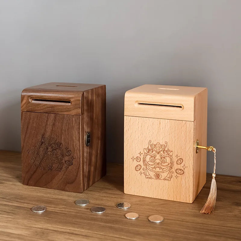 Walnut Wood Piggy Bank with Lock – Kids Savings Box & Decor Wooden Piggy Bank Axl