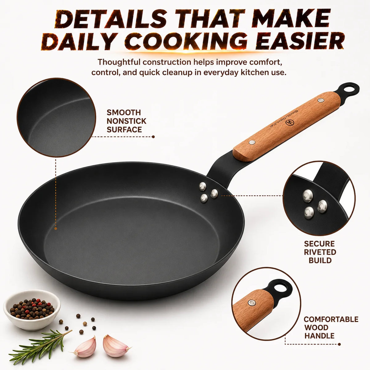 Nonstick Carbon Steel Skillet with Wooden Handle | All Stovetops Nonstick Frying Pan Axl