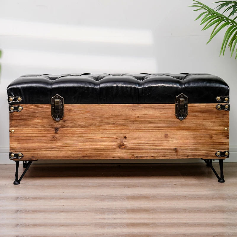 Solid Wood Storage Ottoman Bench – 35L Retro Cushioned Stool Storage Ottoman Bench Axl