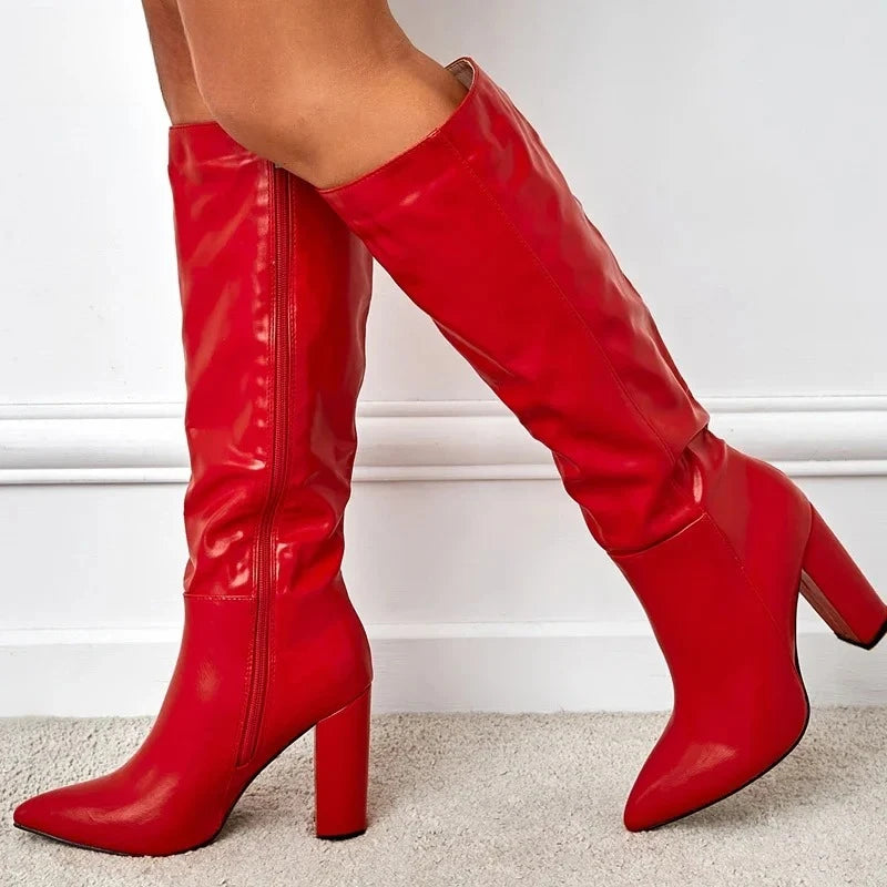 Women's Knee-High Motorcycle Boots | Pointed Toe Square Heel Knee-High Boots Axl