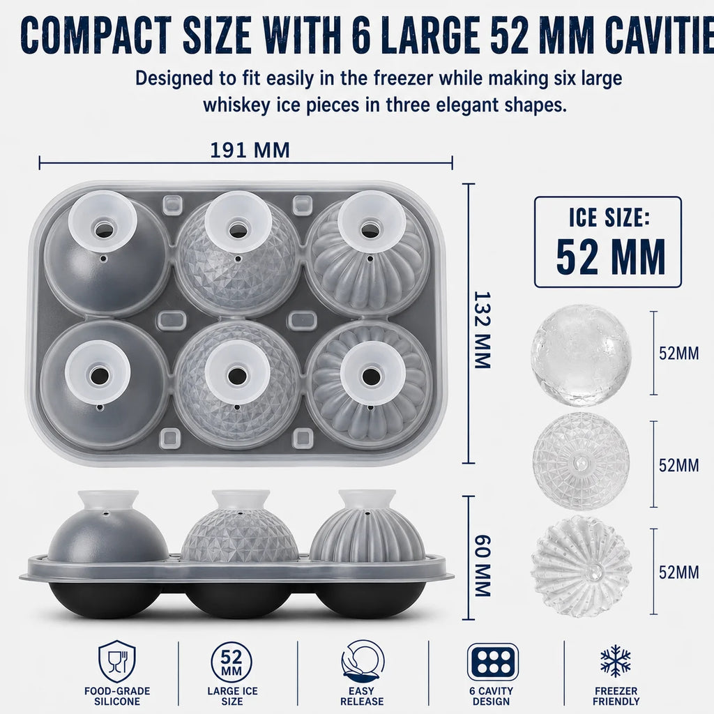 Large Whiskey Ice Ball Mold – 6 Cavity Sphere & Diamond Silicone Silicone Ice Ball Mold Axl