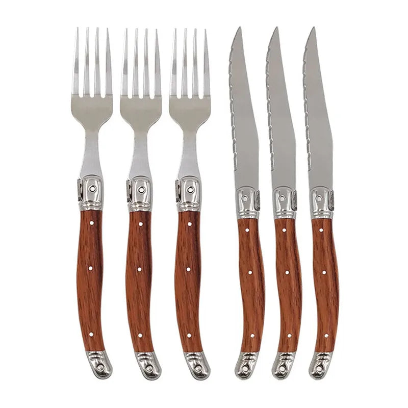 6pc Laguiole Steak Knife & Fork Set – Wood Grain Handle Steak Knife Fork Set Axl 3pcs knife 3pcs fork