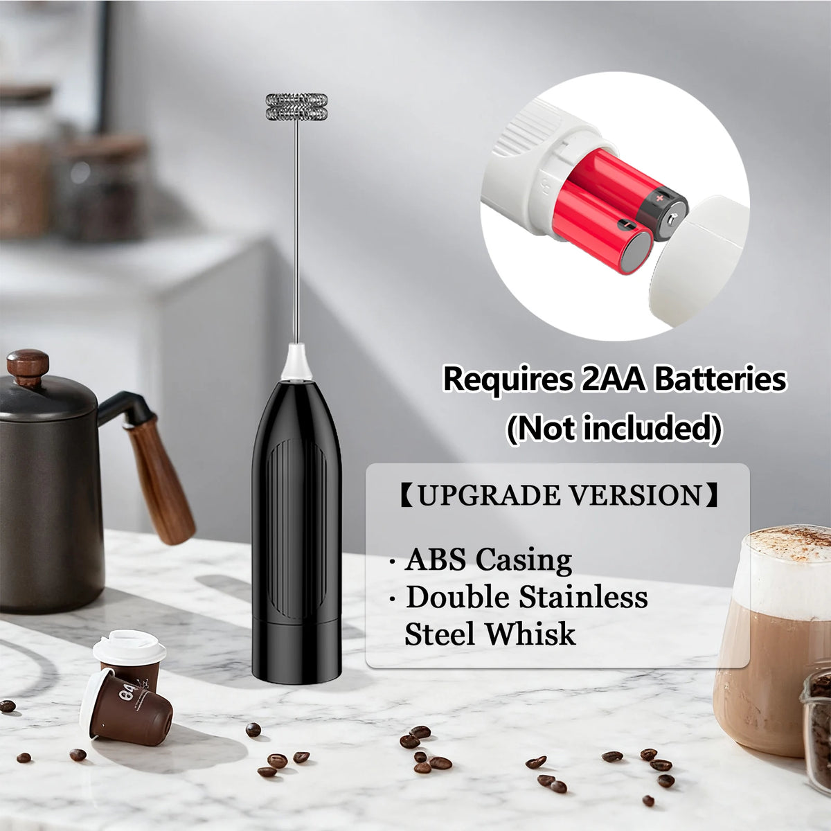 Handheld Milk Frother – Battery Operated Whisk & Foam Mixer Milk Frother Wand Axl Upgrade Black