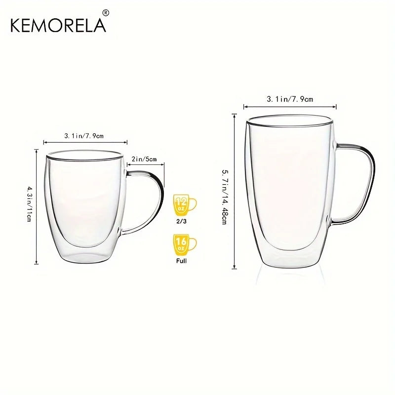 KEMORELA 350ml Double Wall Glass Coffee Mugs with Handle | 2/4/6pc Glass Coffee Mugs Axl