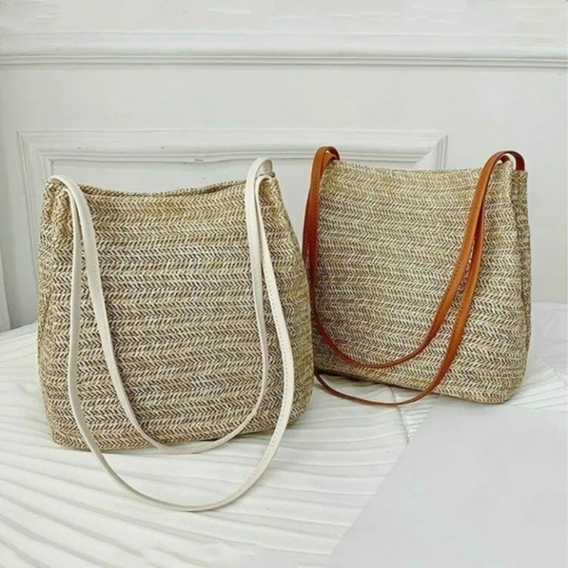 Women's Straw Rattan Woven Beach Bag – Boho Shoulder Tote Woven Straw Handbag Axl