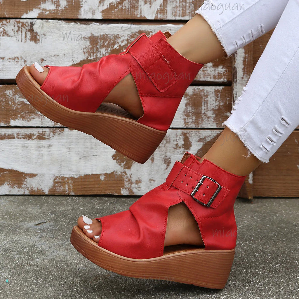 Plus Size Wedge Platform Sandals – Retro Roman Buckle Heels Wedge Platform Sandals Axl