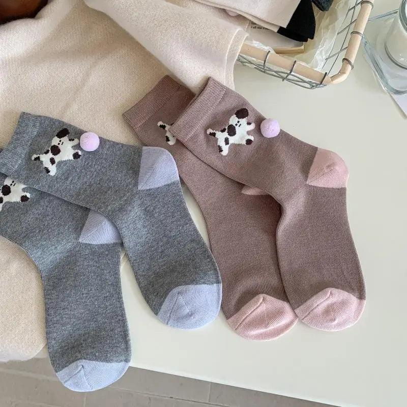 Cute Women's Puppy Socks – Animal Print Cotton Mid-Tube & Fur Ball Novelty Women's Socks Axl